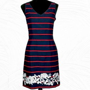 TOMMY HILFIGER NAVY STRIPED LINED SHIFT DRESS W/FLORAL HEMLINE~WOMENS~NWT~S/0